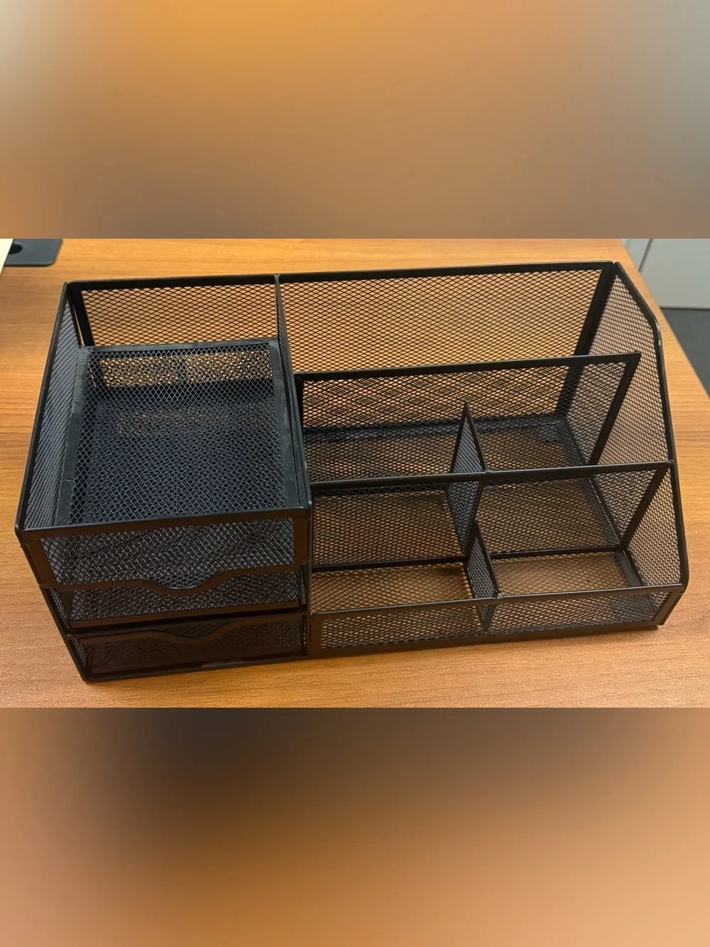 Black Metal Mesh Office Desktop Organizer with Drawers & Multiple Compartments